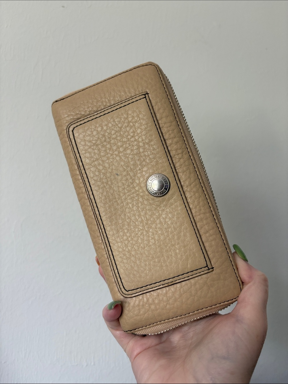 Coach Beige Pebbled Leather Zip Wallet with Silver hardware